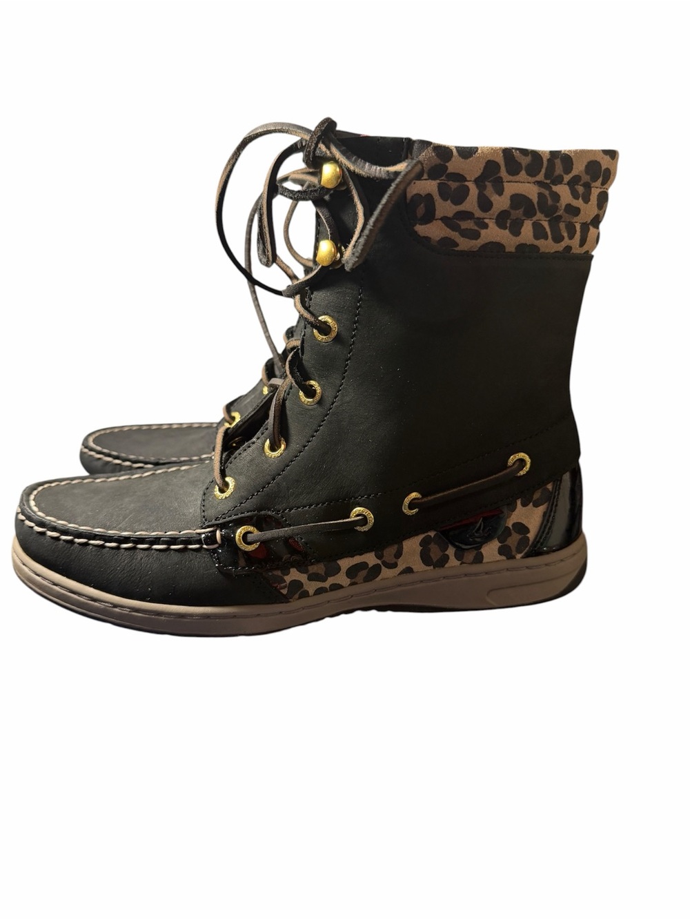Sperry Black Lace-Up Hikerfish Ankle Boots with Leopard Accents - Picture 7 of 10